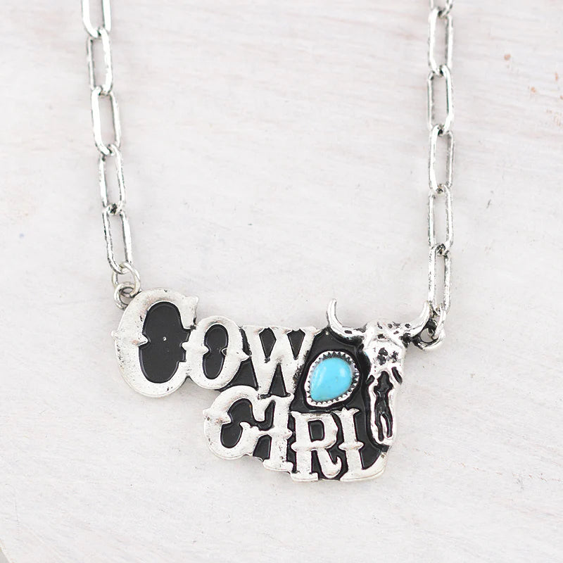 Western Cowgirl Turquoise Steer Skull Necklace