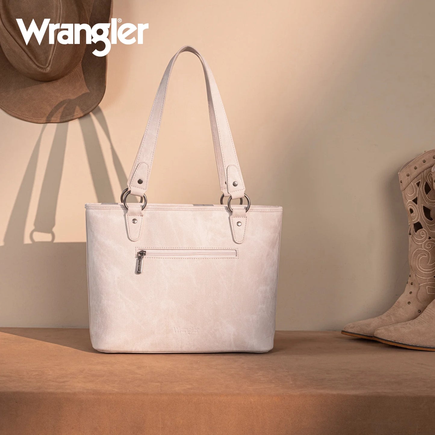 Wrangler "W" Stitch Water Repellent Denim Pocket Zippered Tote Bag- Beige