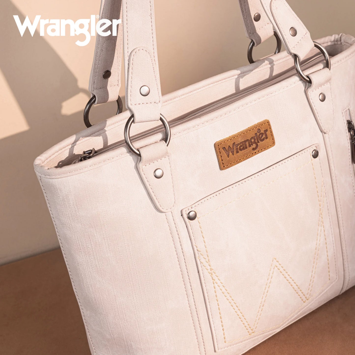 Wrangler "W" Stitch Water Repellent Denim Pocket Zippered Tote Bag- Beige