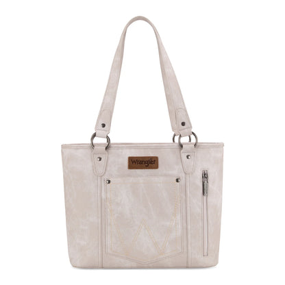 Wrangler "W" Stitch Water Repellent Denim Pocket Zippered Tote Bag- Beige