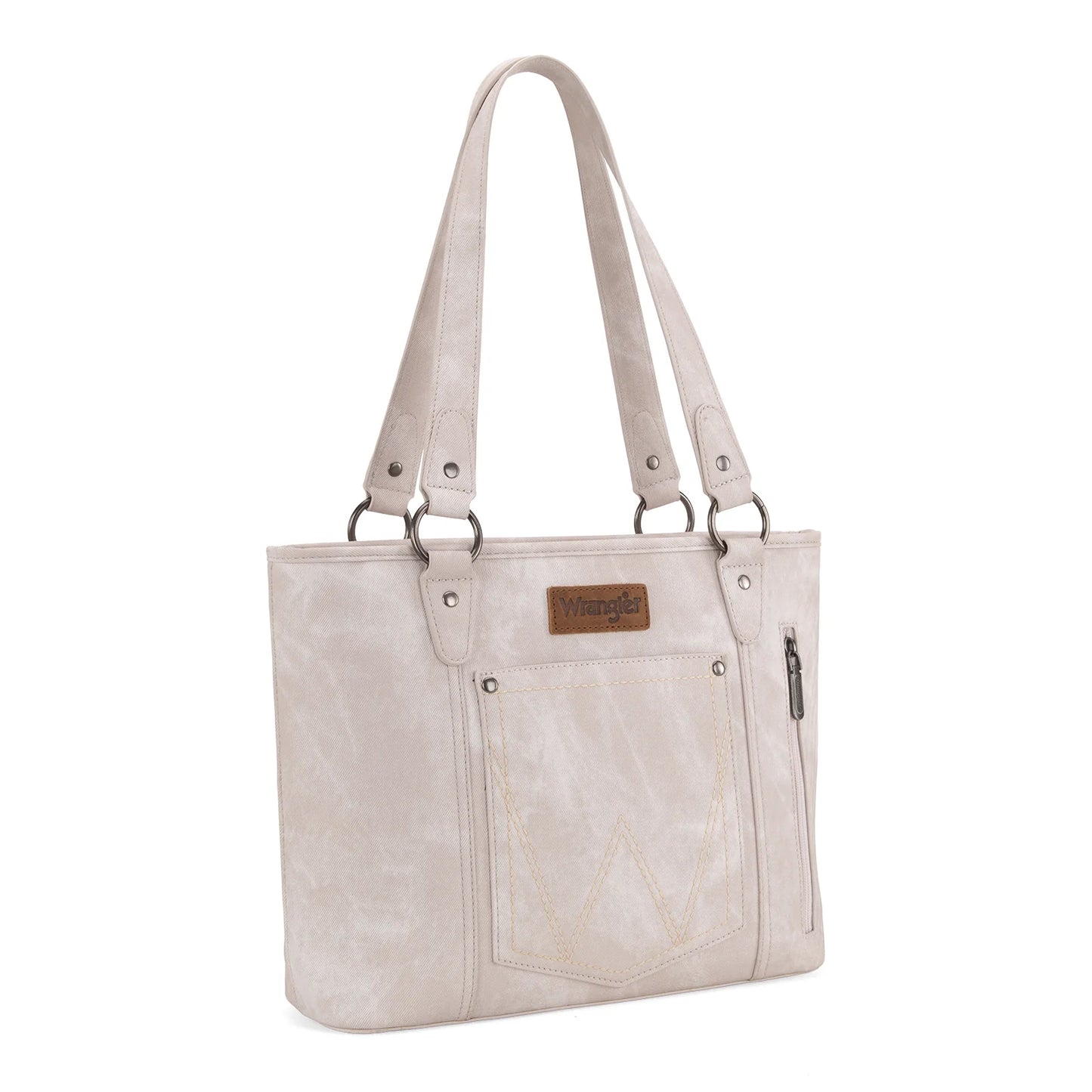 Wrangler "W" Stitch Water Repellent Denim Pocket Zippered Tote Bag- Beige
