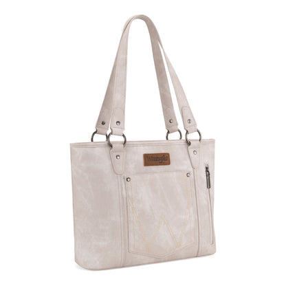 Wrangler "W" Stitch Water Repellent Denim Pocket Zippered Tote Bag- Beige